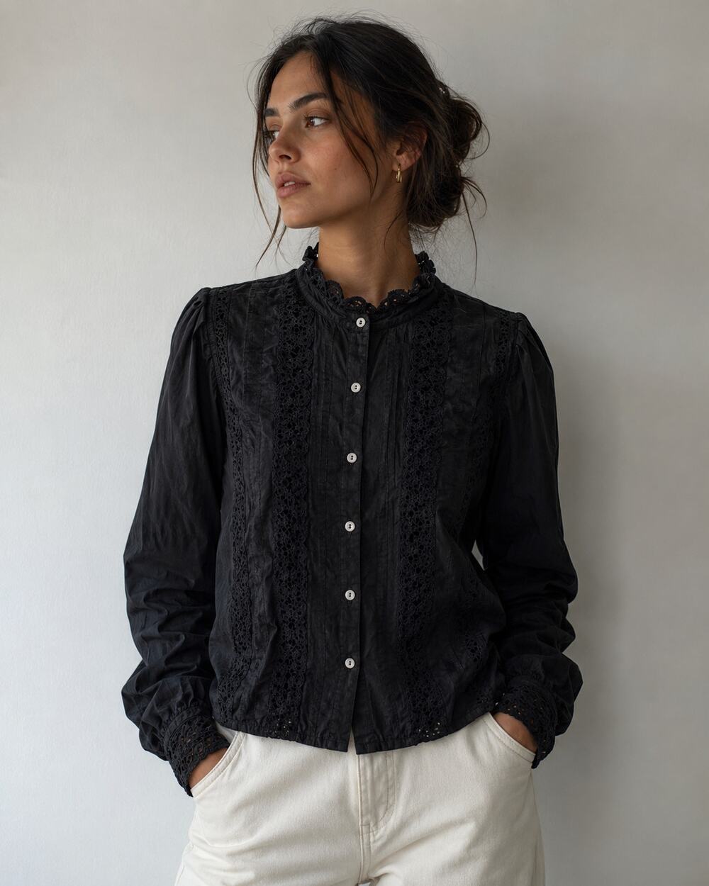 Jennifer & Grace Blouse Lace Trim Eyelet Prairie Black Women Large Boho Romantic